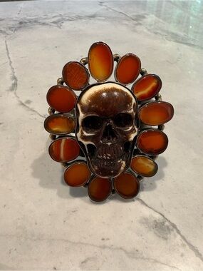 🖤 VINTAGE Persian Carnelian Seal & XL Resin Skull Statement Wire Cuff Bracelet